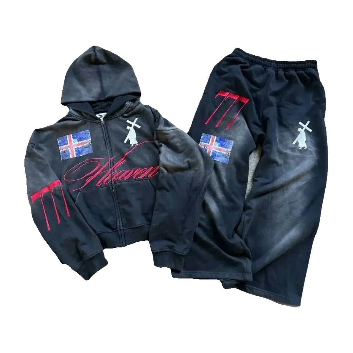 ‘777 WXR’ two-piece set – black two-piece set, zip hoodie and matching pants, flag patches, red script