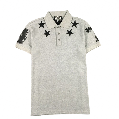 ‘STARSTRUCK’ polo in heather grey. Black stars across the chest.