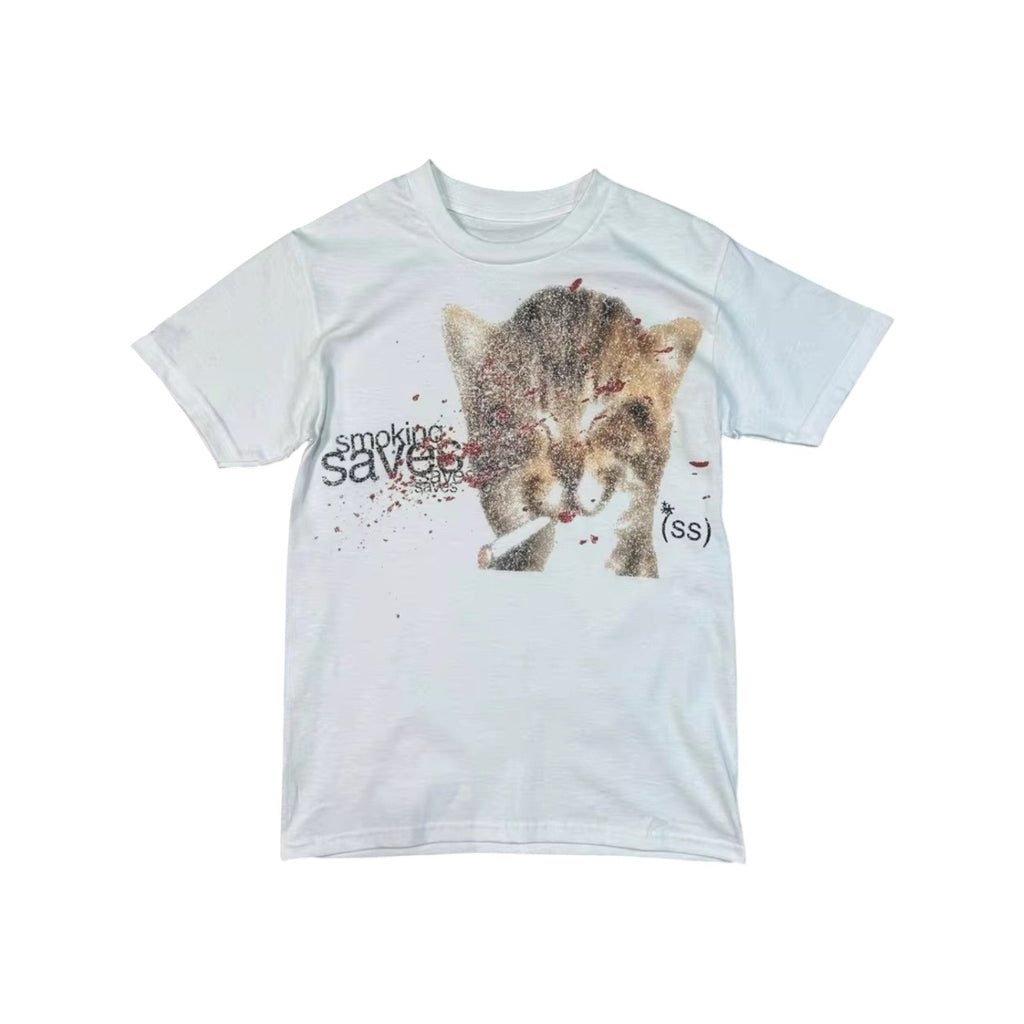‘SMOKING SAVES’ tee in white. Cat photograph. ‘smoking saves’.