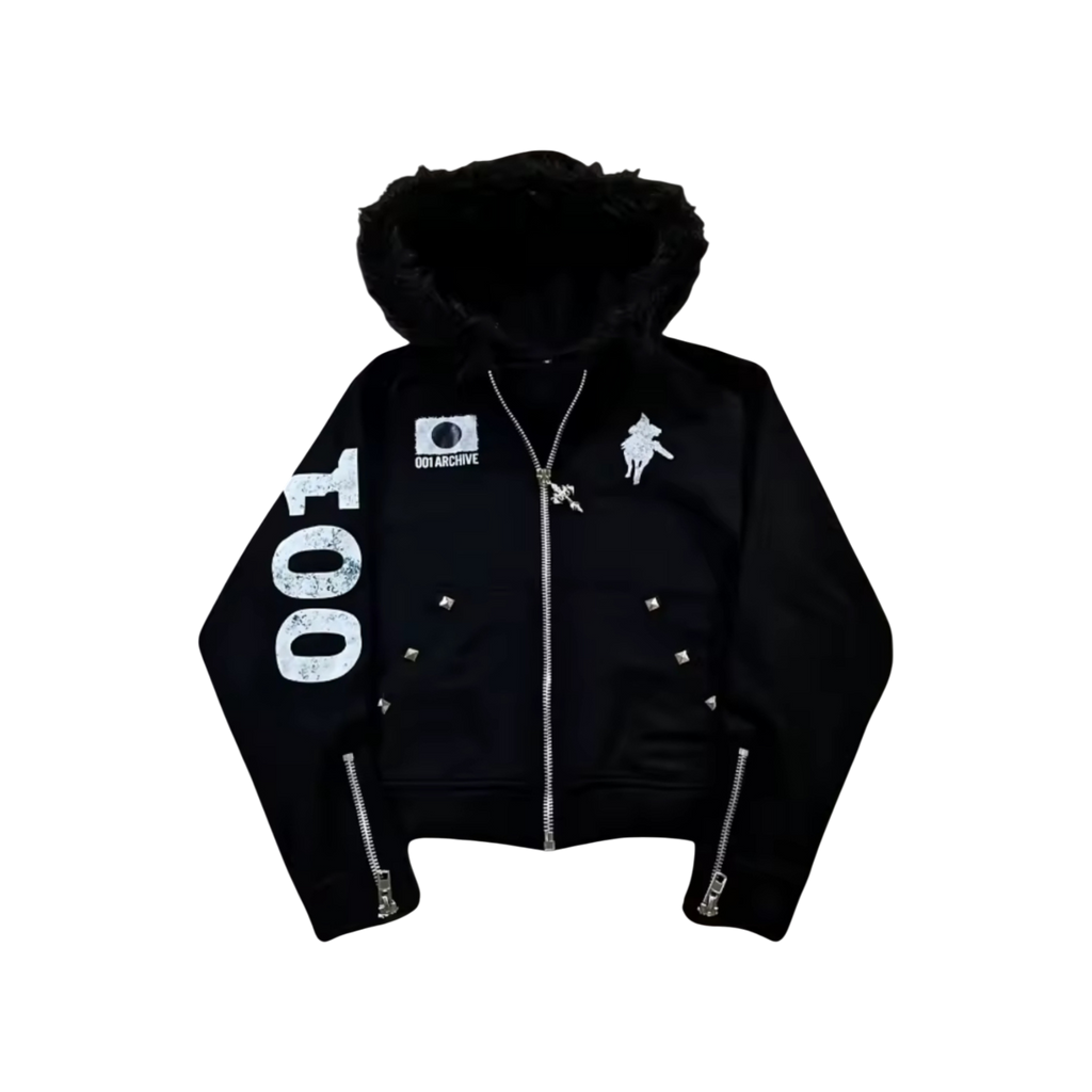 ‘JXPAN’ fur hoodie in black. Faux-fur hood. ‘100’ on the sleeve.