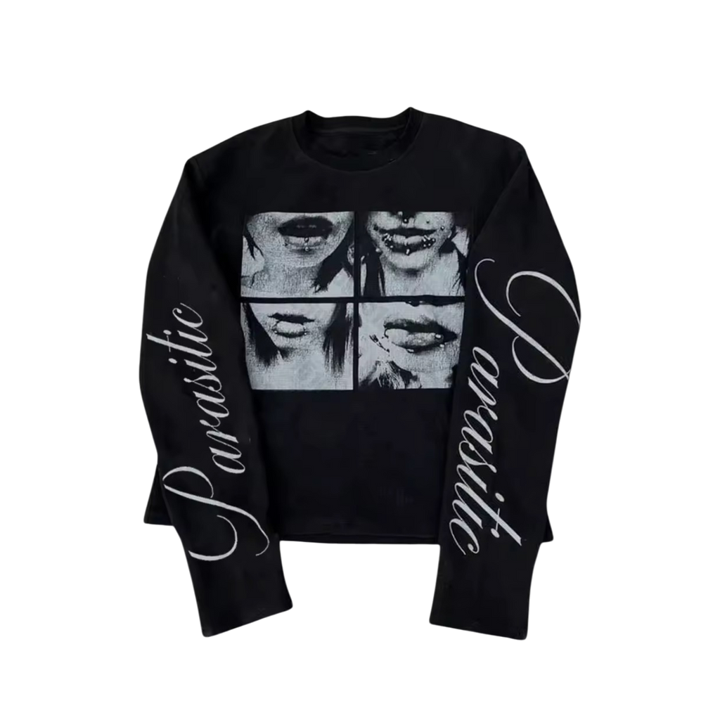 ‘FVNGS’ longsleeve in black. Fanged mouth at front. ‘Parasitic’ down the sleeves.
