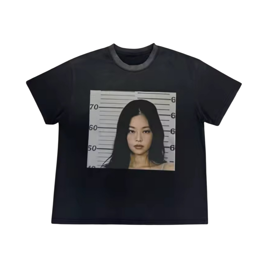 ‘MUGSHOT’ tee in black. Mugshot portrait at front.