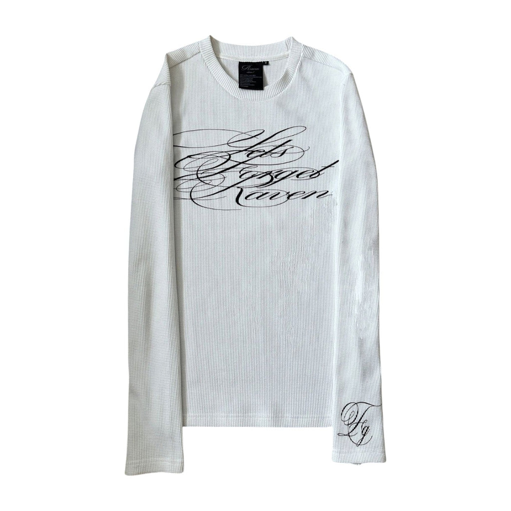 ‘LETS FORGET’ thermal in white. Black script at front.