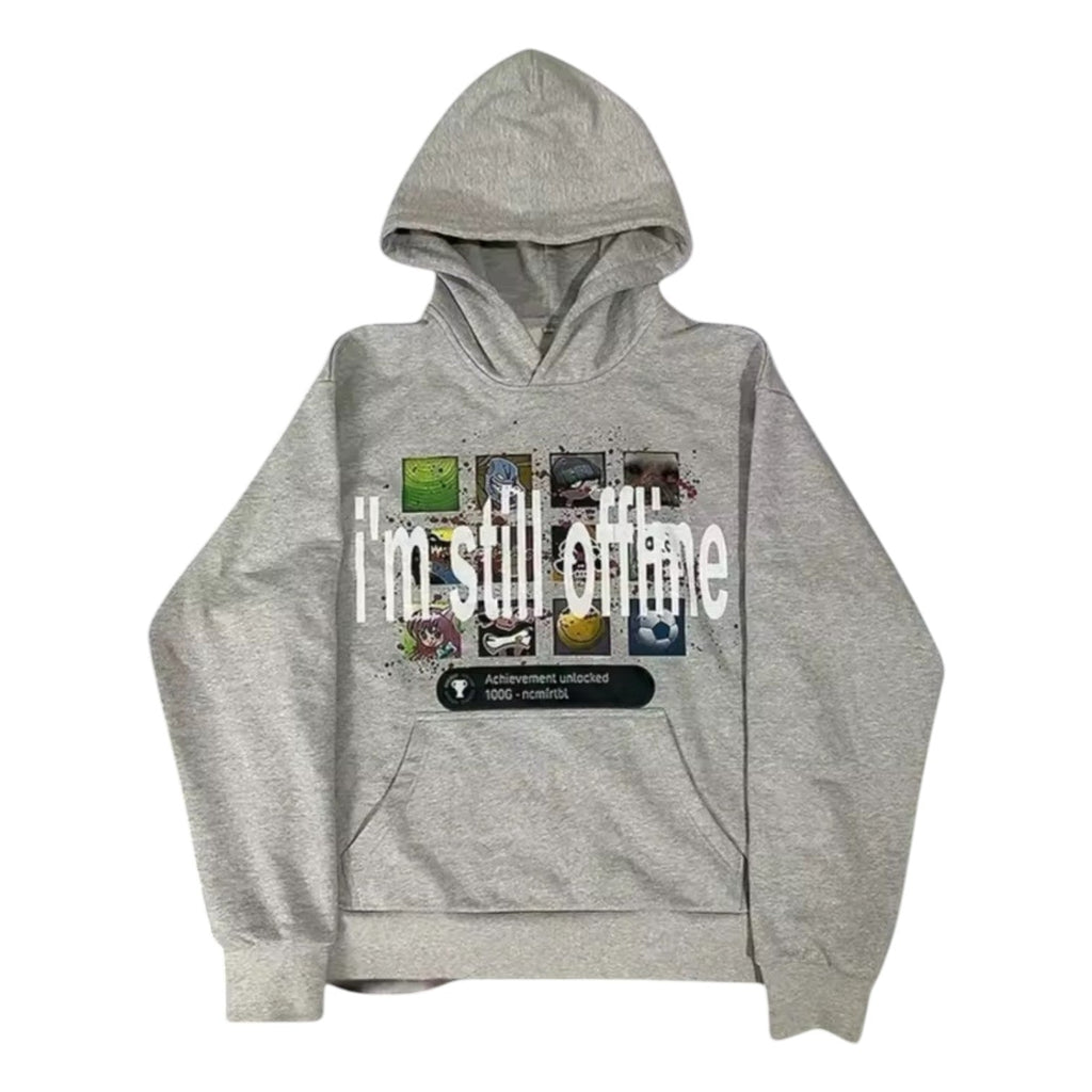 ‘OFFLINE’ hoodie in heather grey. ‘I’m still offline’.