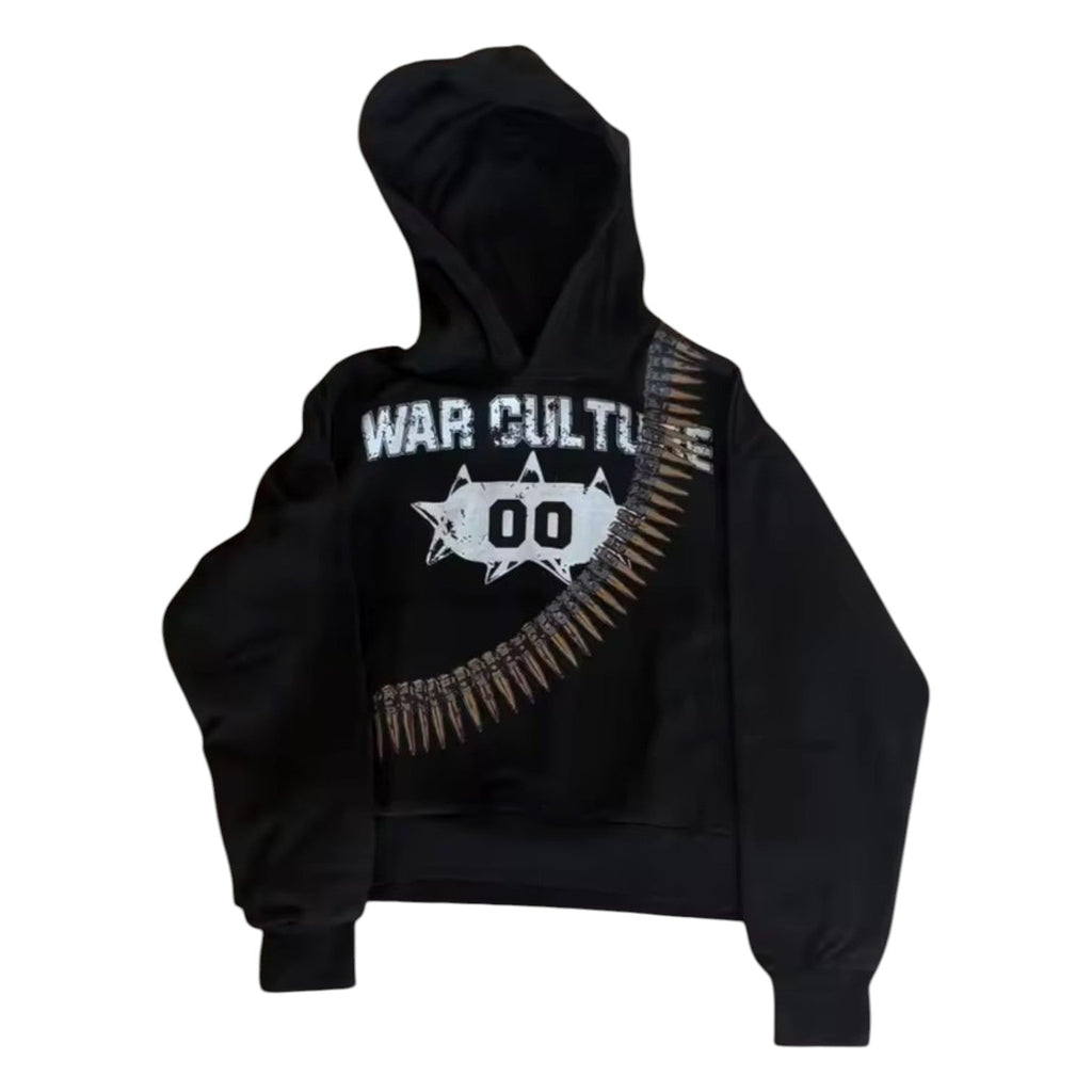 ‘WAR CULTURE’ hoodie in black. ‘War Culture 00’. Bullet belt across the body.