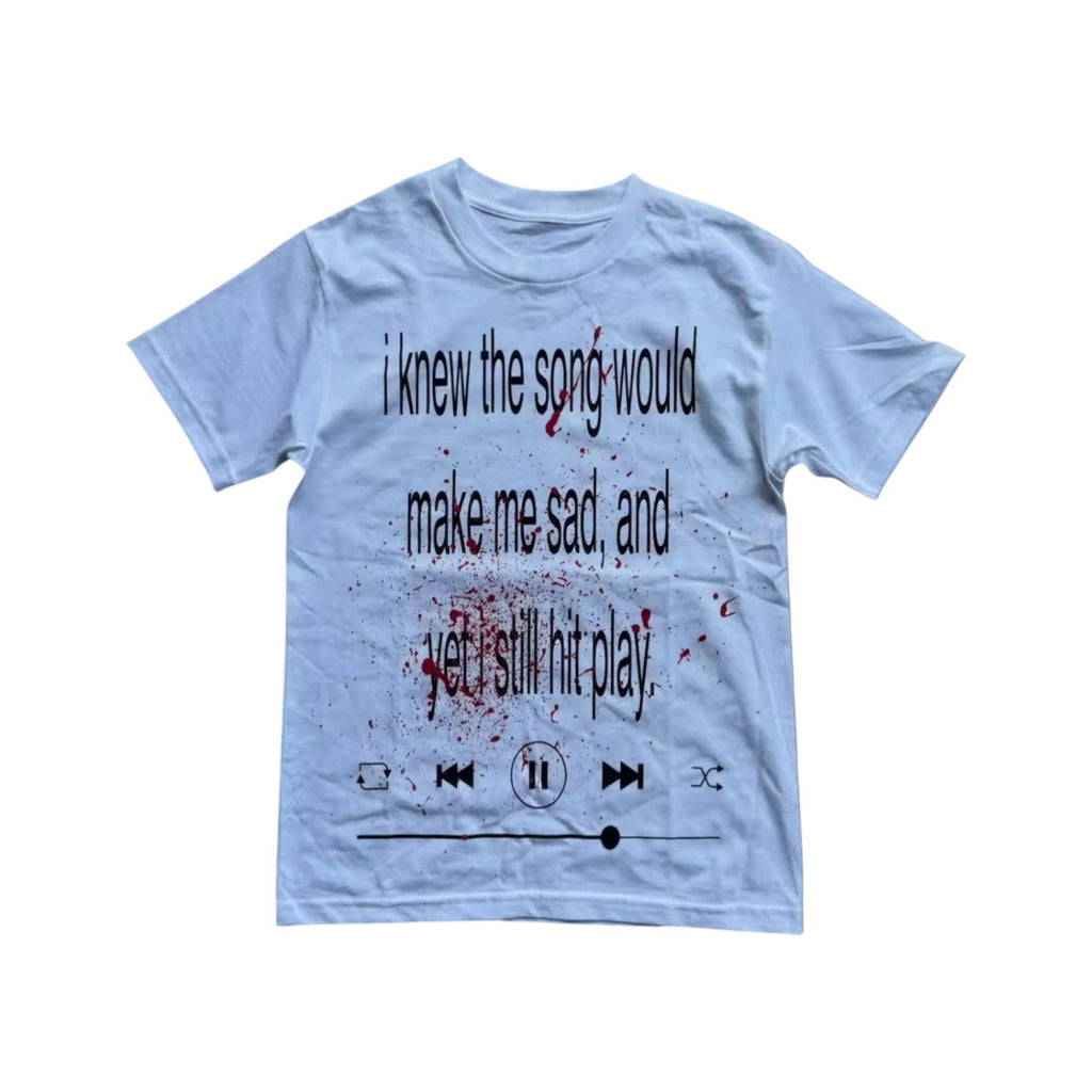 ‘CURSED MUSIC’ tee in light blue. ‘i knew the song would make me sad’. Music player.