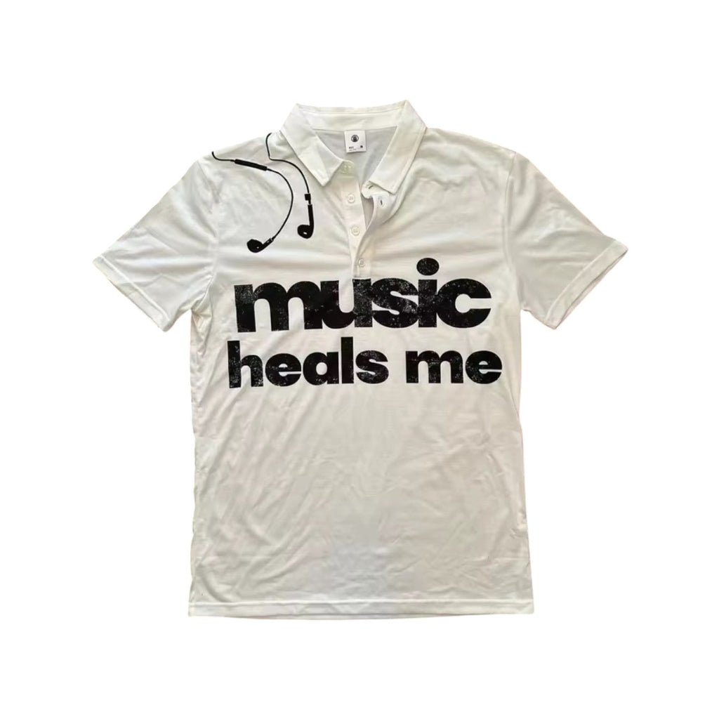 ‘MUSIC HEALS’ tee in white. ‘music heals me’ with headphones.