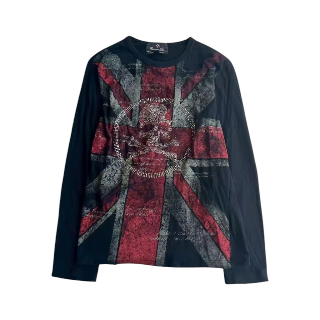 ‘UK’ longsleeve in navy. Distressed Union Jack with skull.