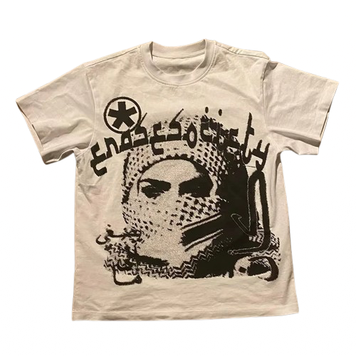 ‘XRCHIVE’ tee in beige. Black abstract print.
