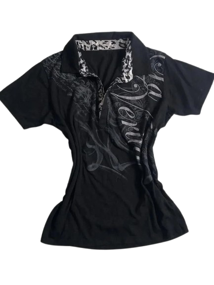 ‘BITTER ANGEL’ polo in black. Grey print, all over.