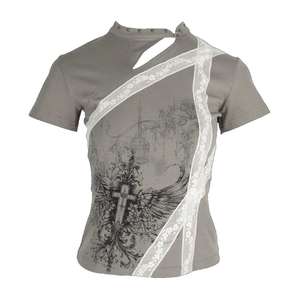 ‘AFFL1CTION’ fitted top – grey fitted top, gothic cross and wings print, lace sash