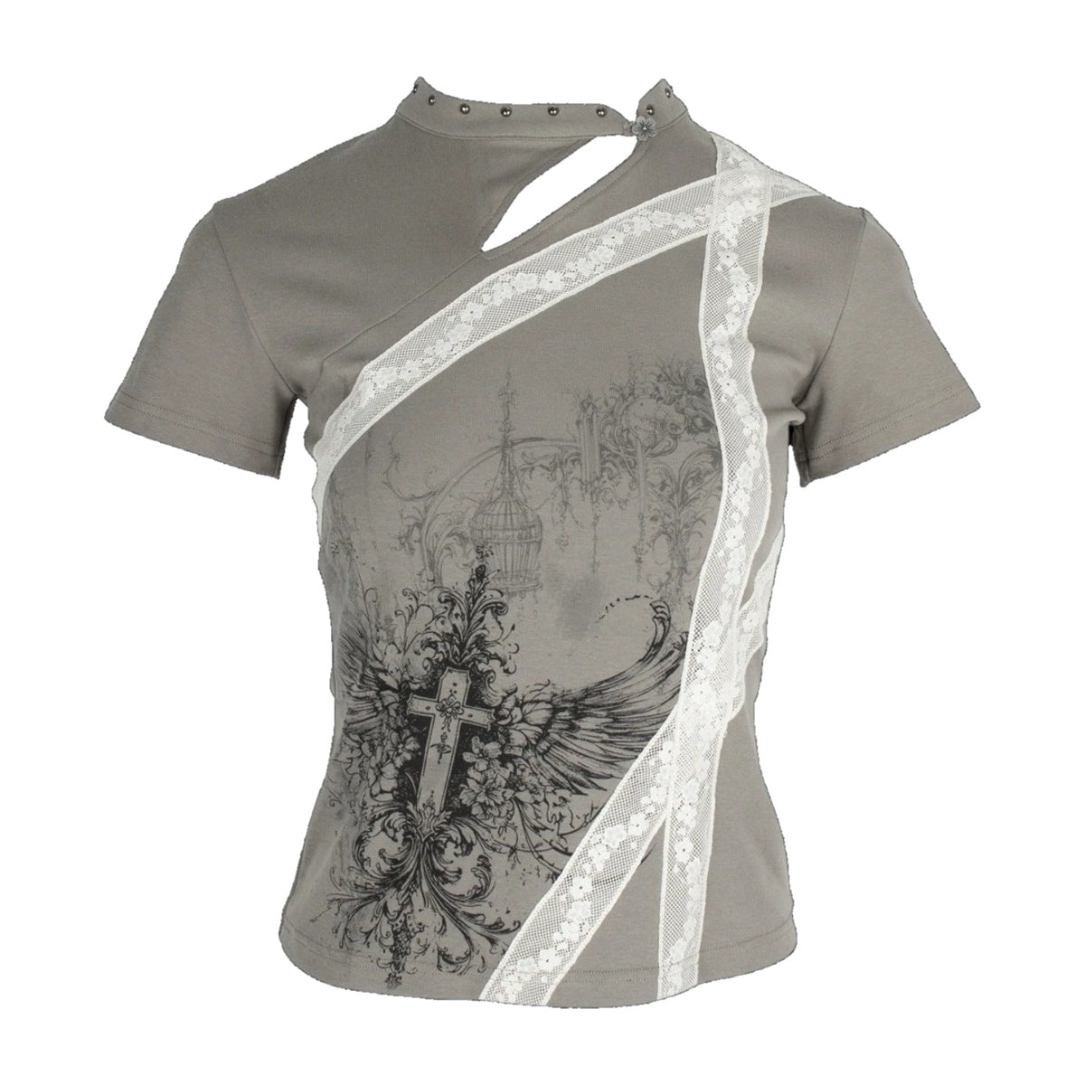 ‘AFFL1CTION’ fitted top – grey fitted top, gothic cross and wings print, lace sash
