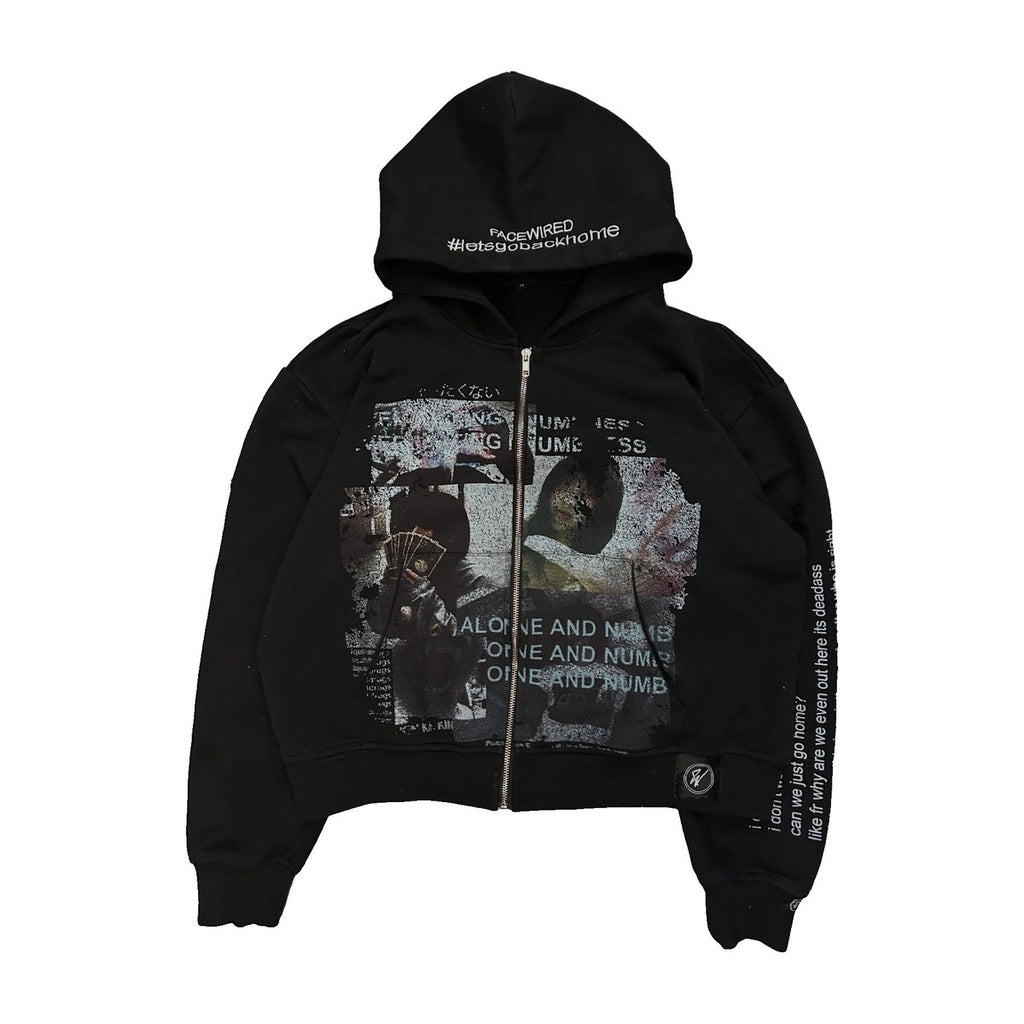‘ALONE AND NUMB’ zip hoodie – black zip hoodie, faded photo print, ALONE AND NUMB lettering, printed sleeve