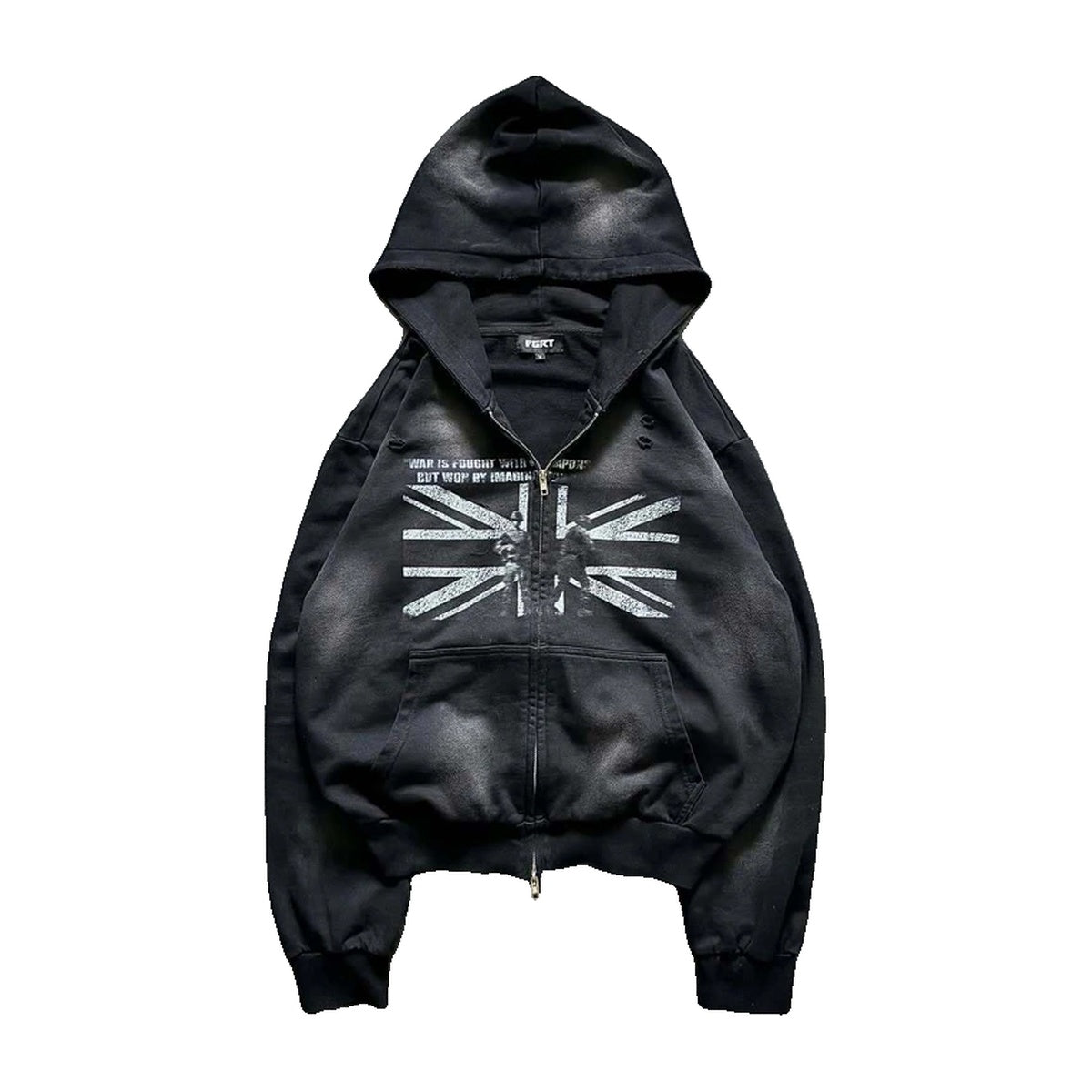 ‘ANARCHY’ zip up – faded black zip hoodie, distressed Union Jack print