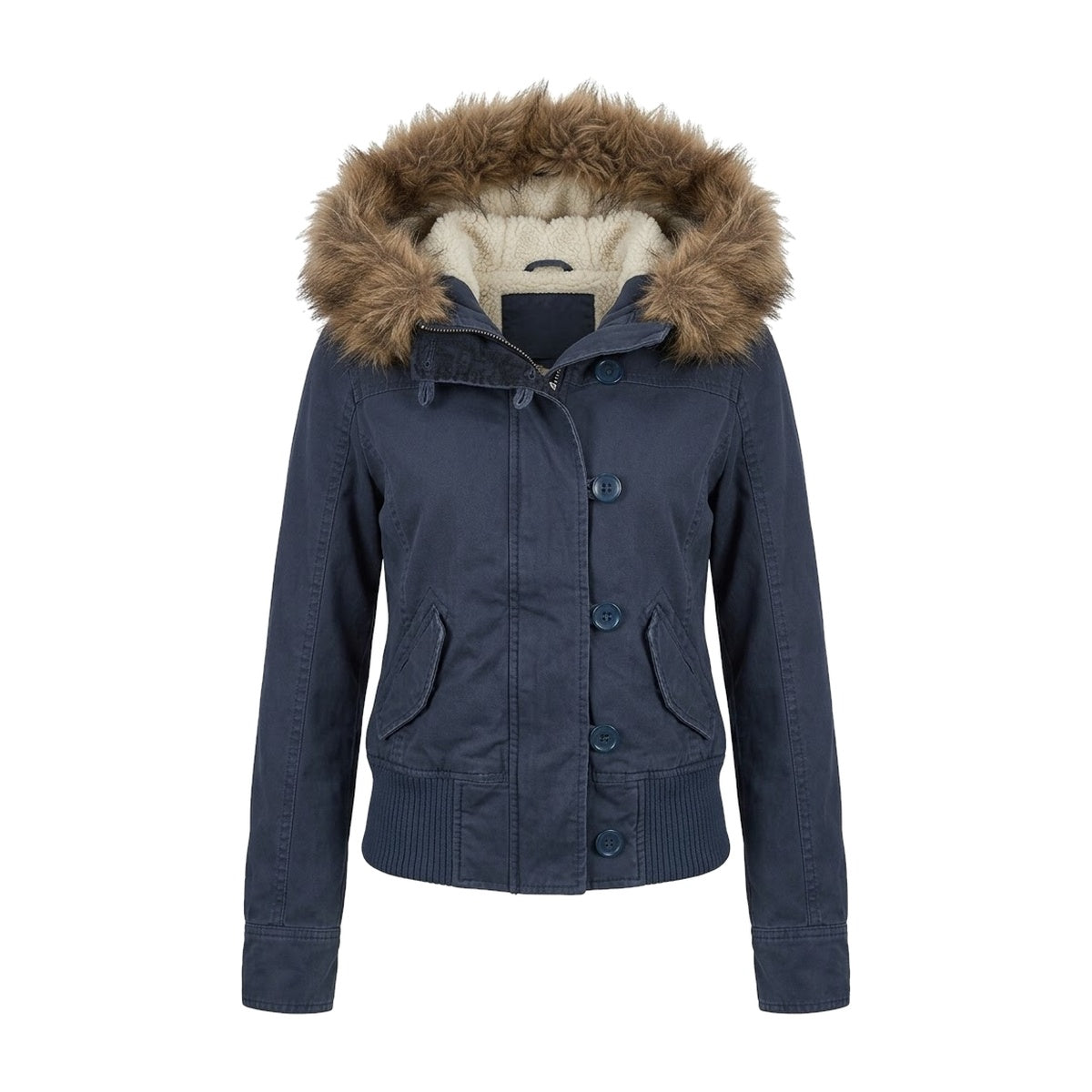 ‘ANCHORAGE’ parka – navy cropped cotton parka, sherpa-lined hood, faux-fur trim