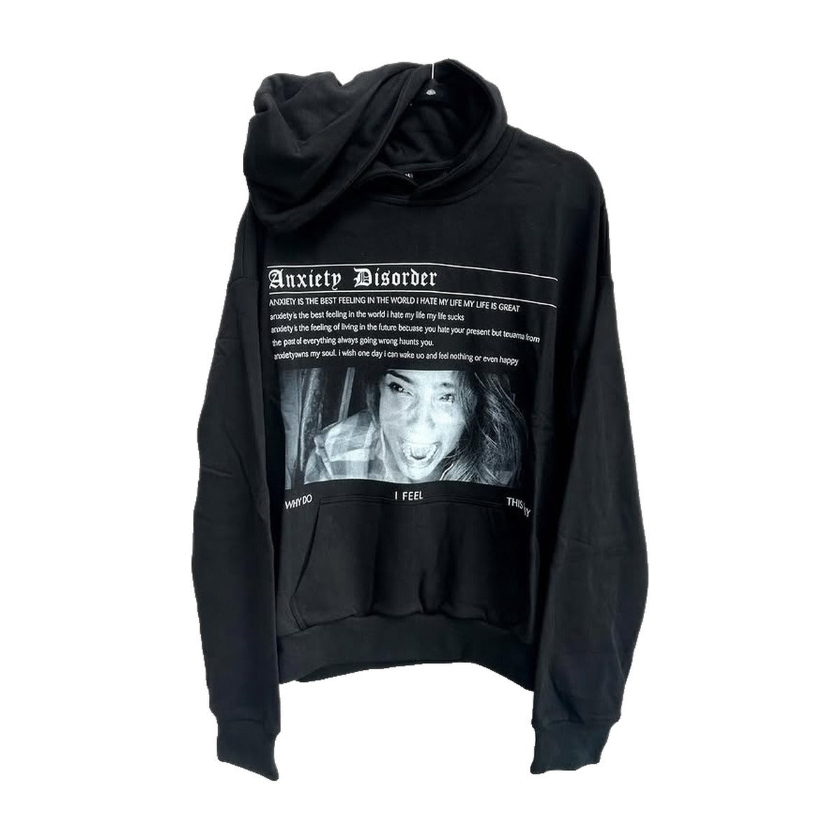 ‘ANXIETY’ hoodie – black hoodie, Anxiety Disorder photo print on the chest