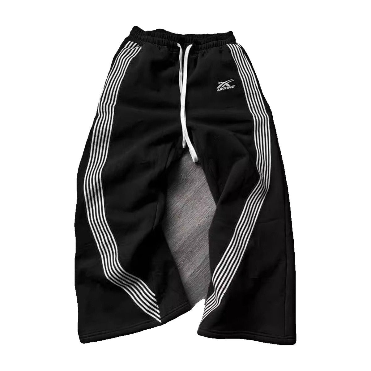 ‘ARCH!VE’ sweatpants – black sweatpants, white triple stripes down the legs, drawstring waist