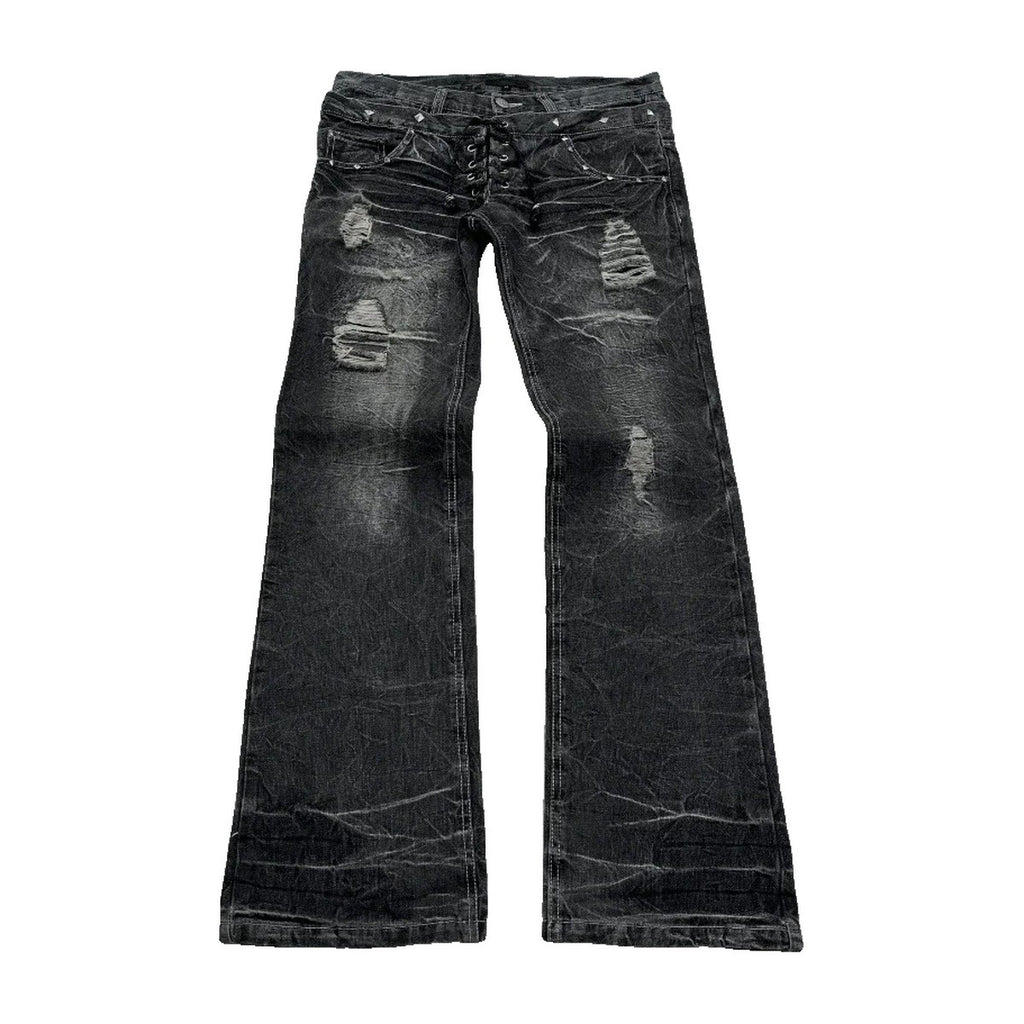 ‘ASHFALL’ flared jeans – washed black flared jeans, ripped, faded whiskering