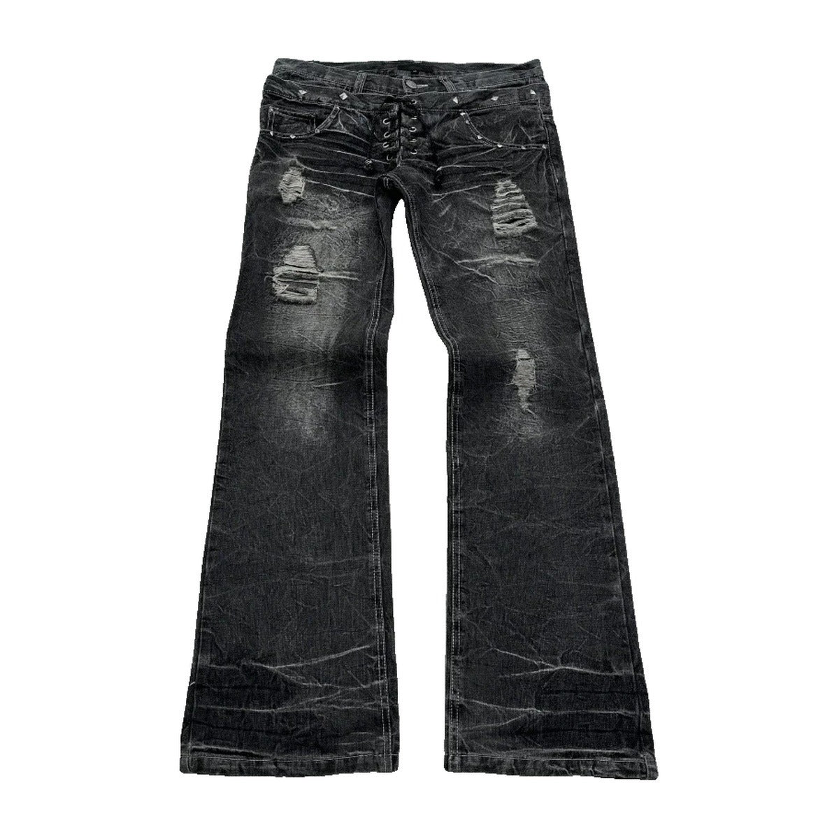 ‘ASHFALL’ flared jeans – washed black flared jeans, ripped, faded whiskering