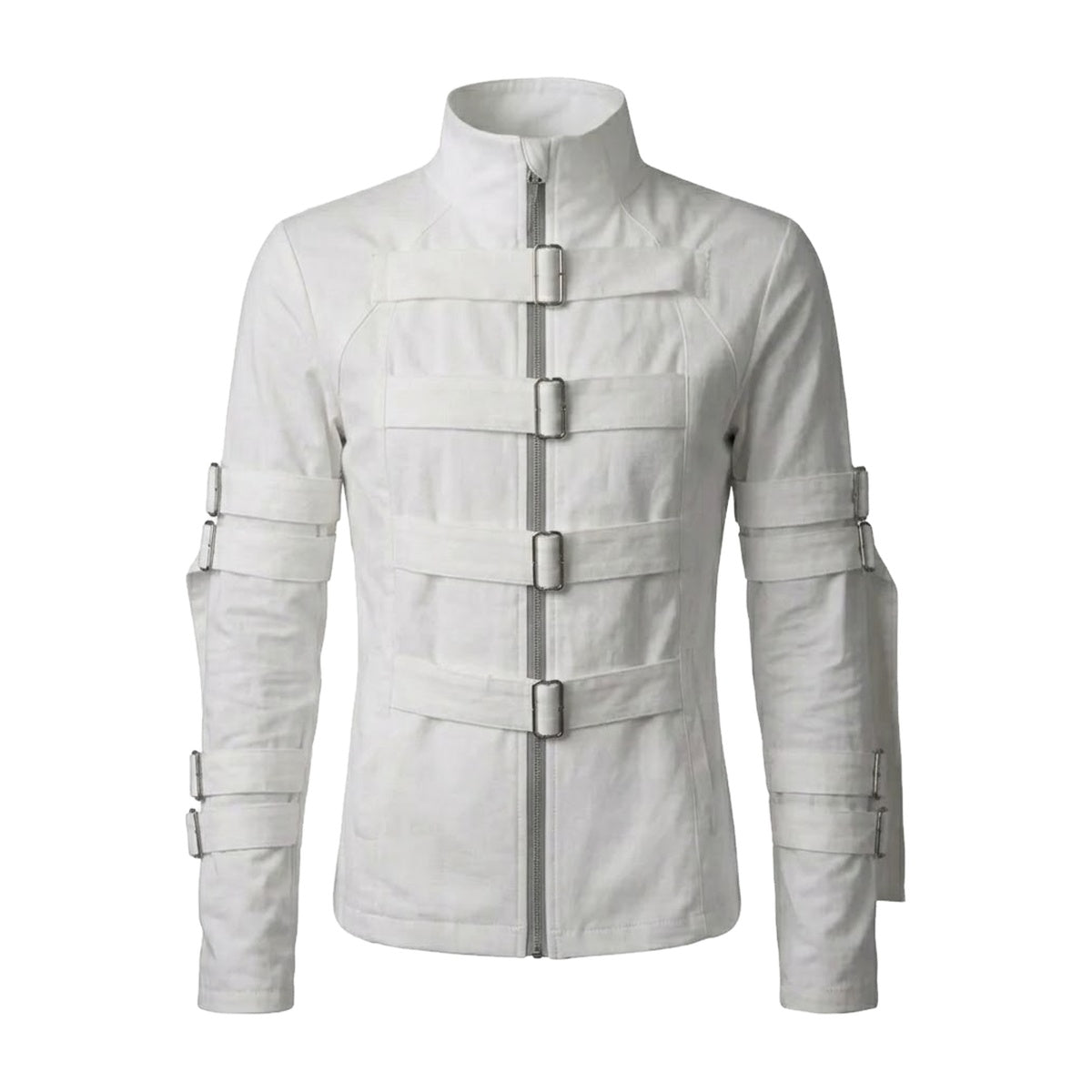 ‘ASYLUM’ jacket – white stand-collar zip jacket, silver buckle straps on chest and sleeves
