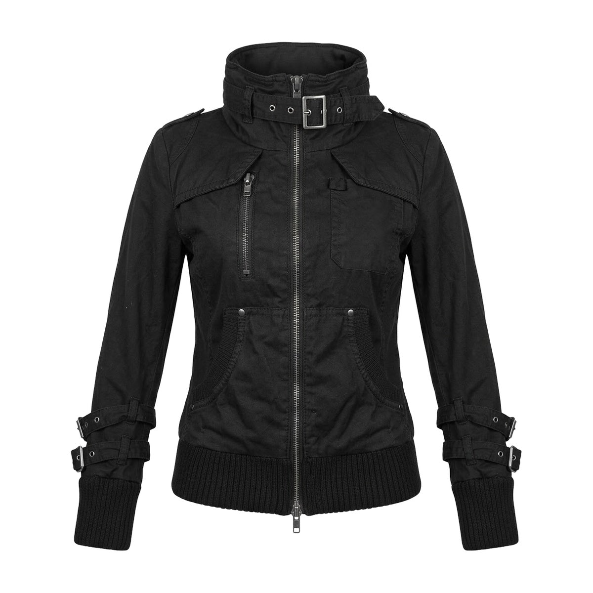 ‘AUTOBAHN’ jacket – black fitted zip jacket, buckle collar and cuffs