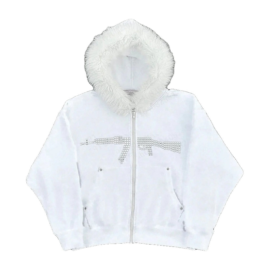 ‘BALLISTIC’ fur zip up – white zip hoodie, rhinestone rifle, white faux-fur hood