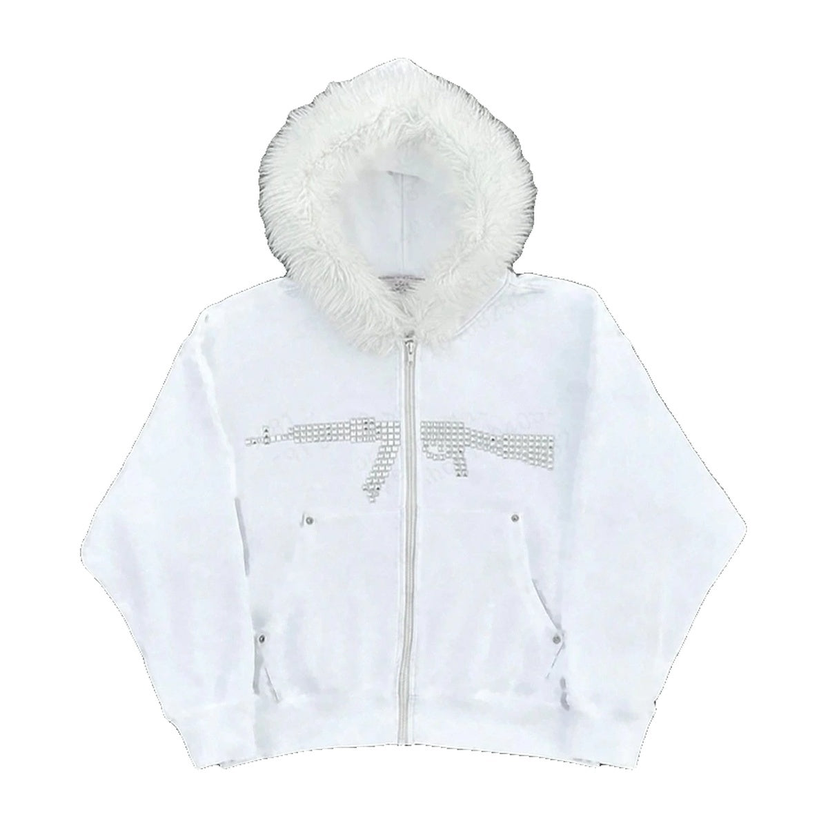 ‘BALLISTIC’ fur zip up – white zip hoodie, rhinestone rifle, white faux-fur hood