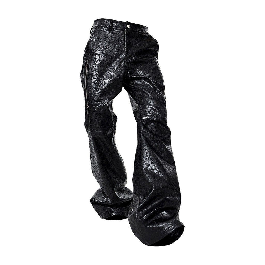 ‘BLACK00’ flared pants – black flared pants, croc-embossed faux leather, glossy finish