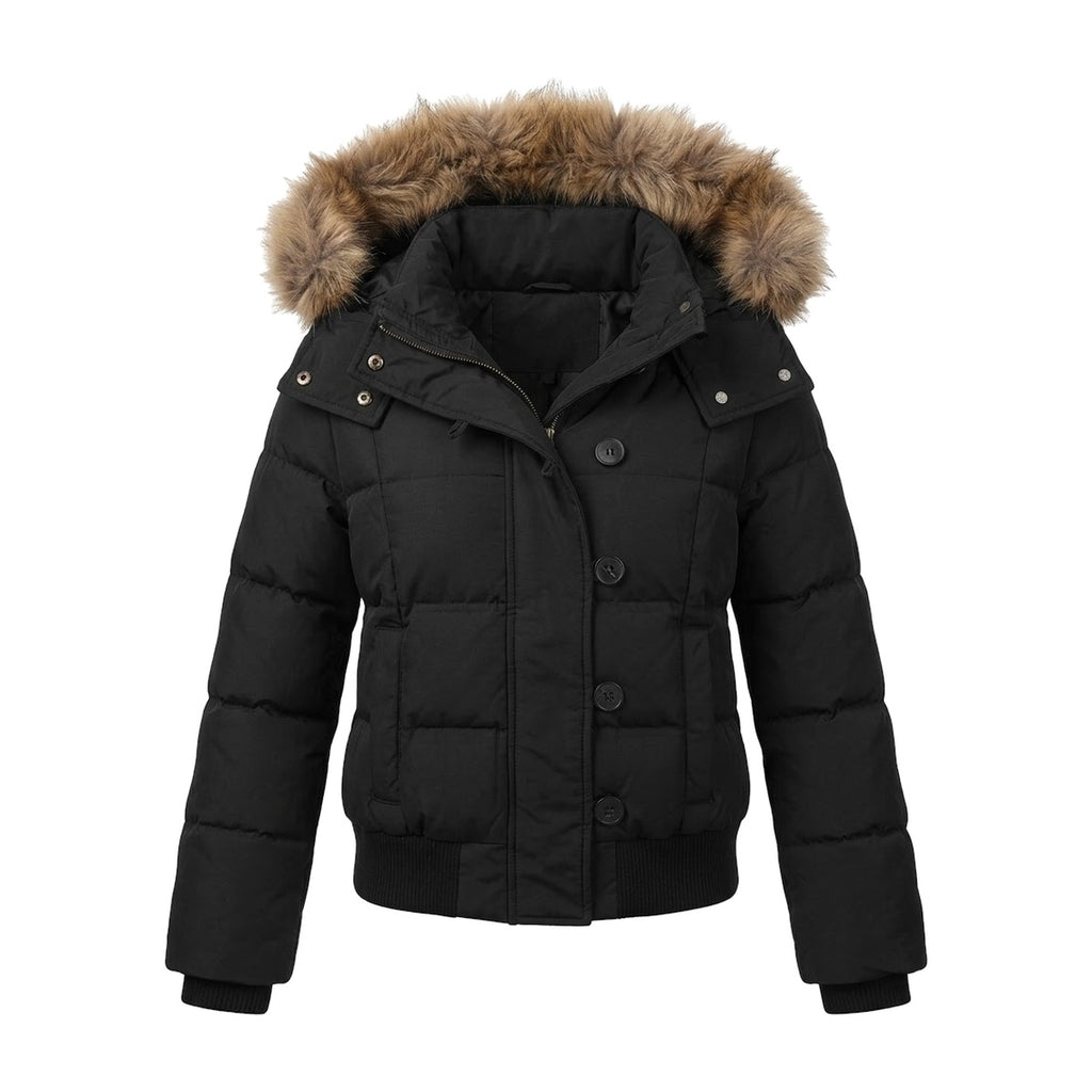 ‘BLACKOUT’ puffer – black cropped puffer jacket, faux-fur hood
