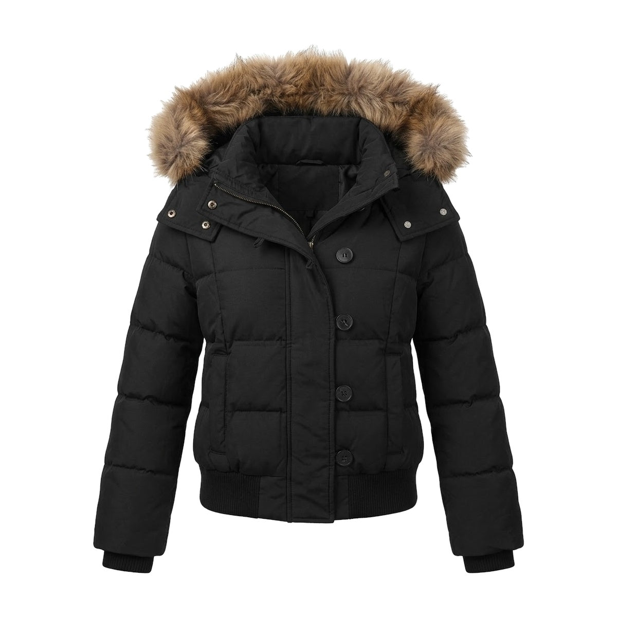 ‘BLACKOUT’ puffer – black cropped puffer jacket, faux-fur hood