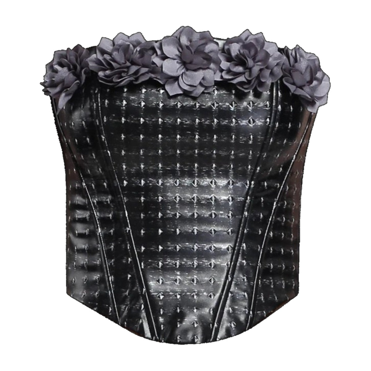 ‘BLOOM’ corset – black corset, flower trim, studded faux leather