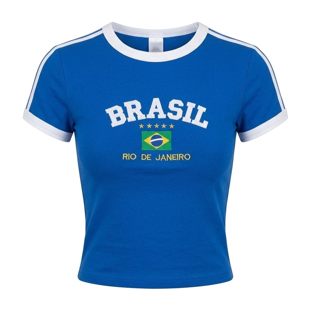 ‘BRASIL’ baby tee – blue baby tee, BRASIL print with the flag, white trim