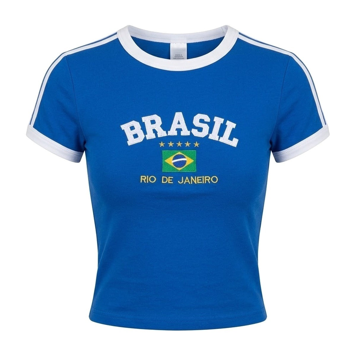 ‘BRASIL’ baby tee – blue baby tee, BRASIL print with the flag, white trim