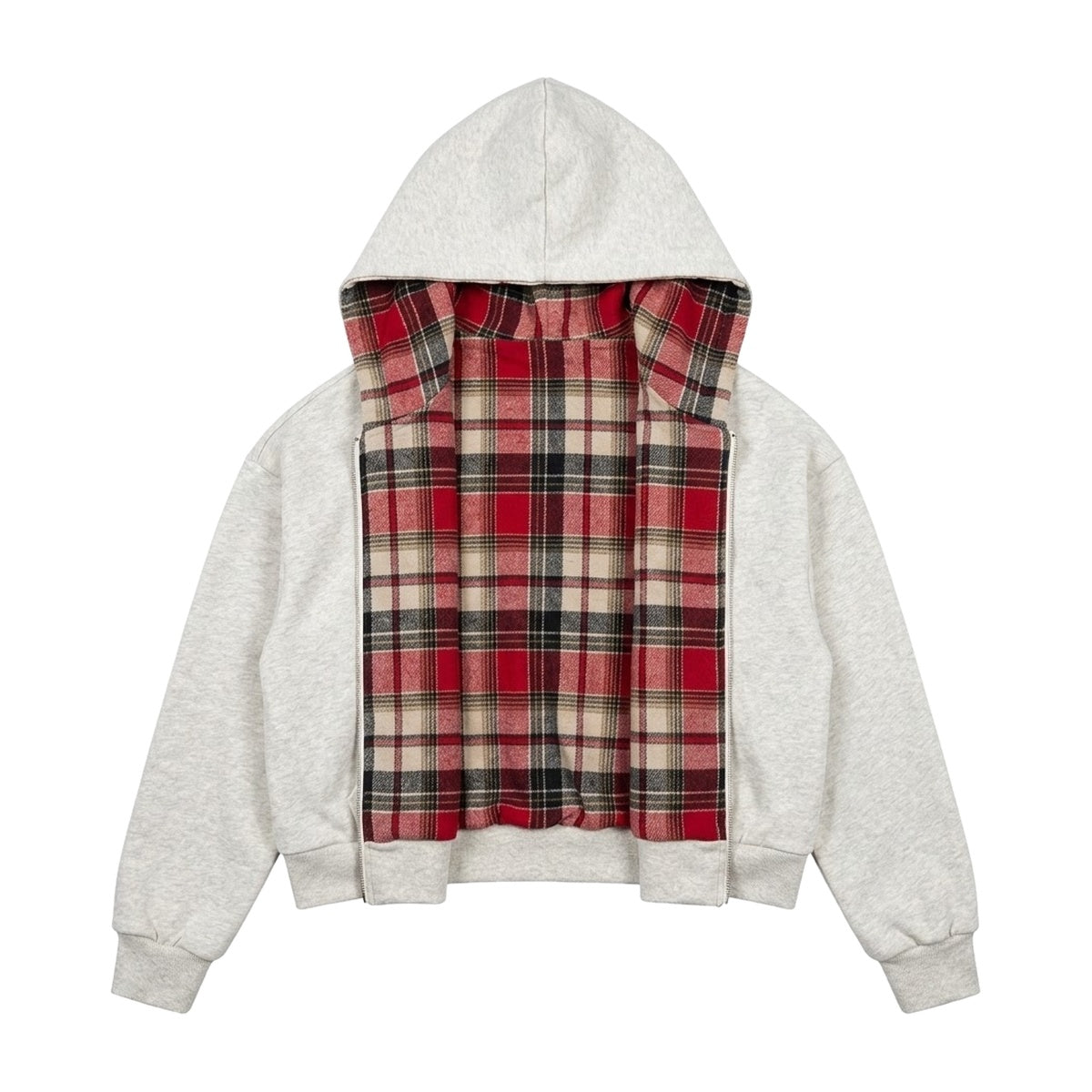 ‘BUFFALO’ zip up – light grey reversible zip hoodie, red plaid flannel lining