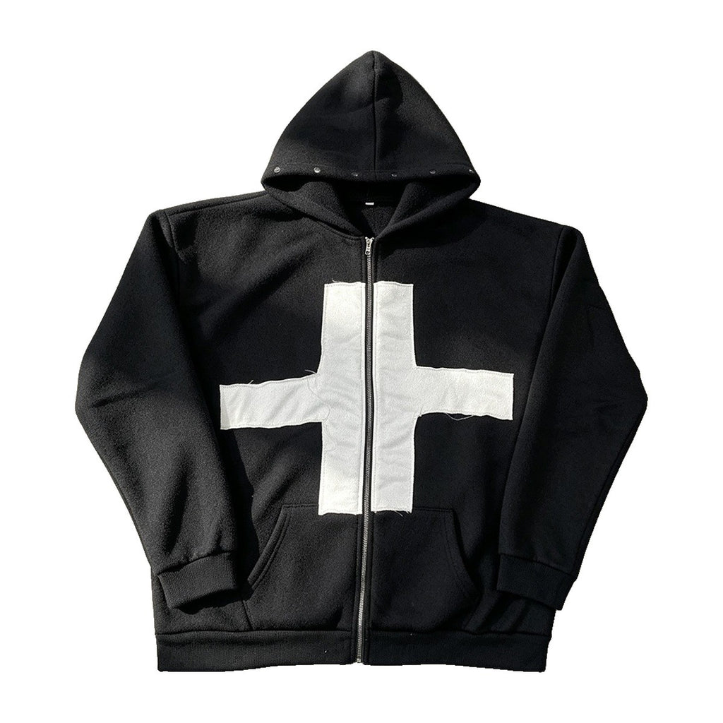 ‘C0FFIN’ zip hoodie – black zip hoodie, large white cross across the front