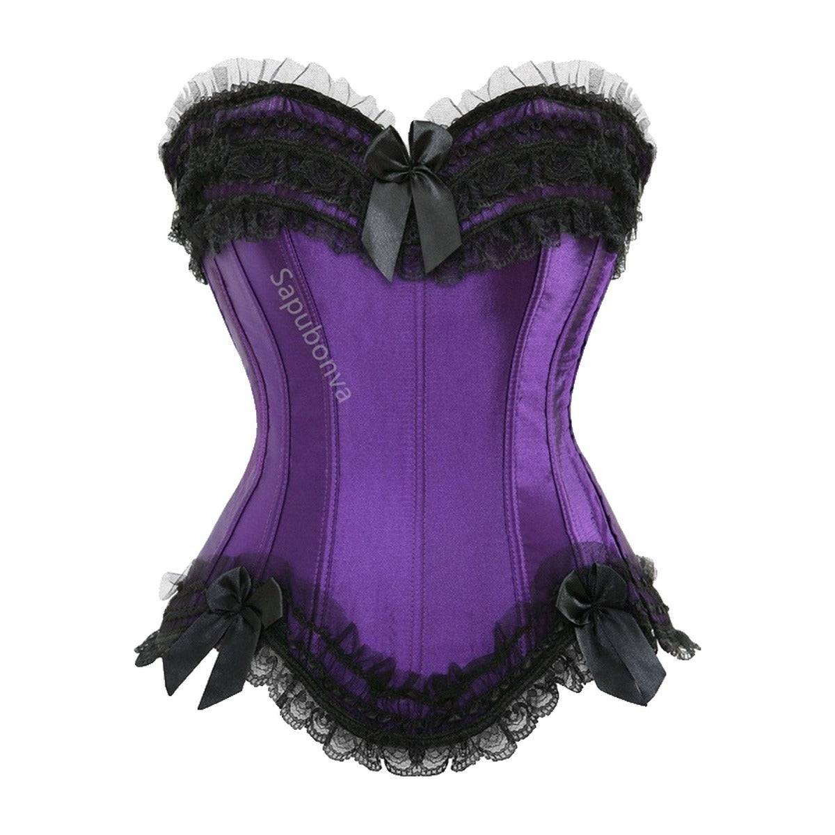 ‘CABARET’ corset – purple corset, lace trim and a bow at the front