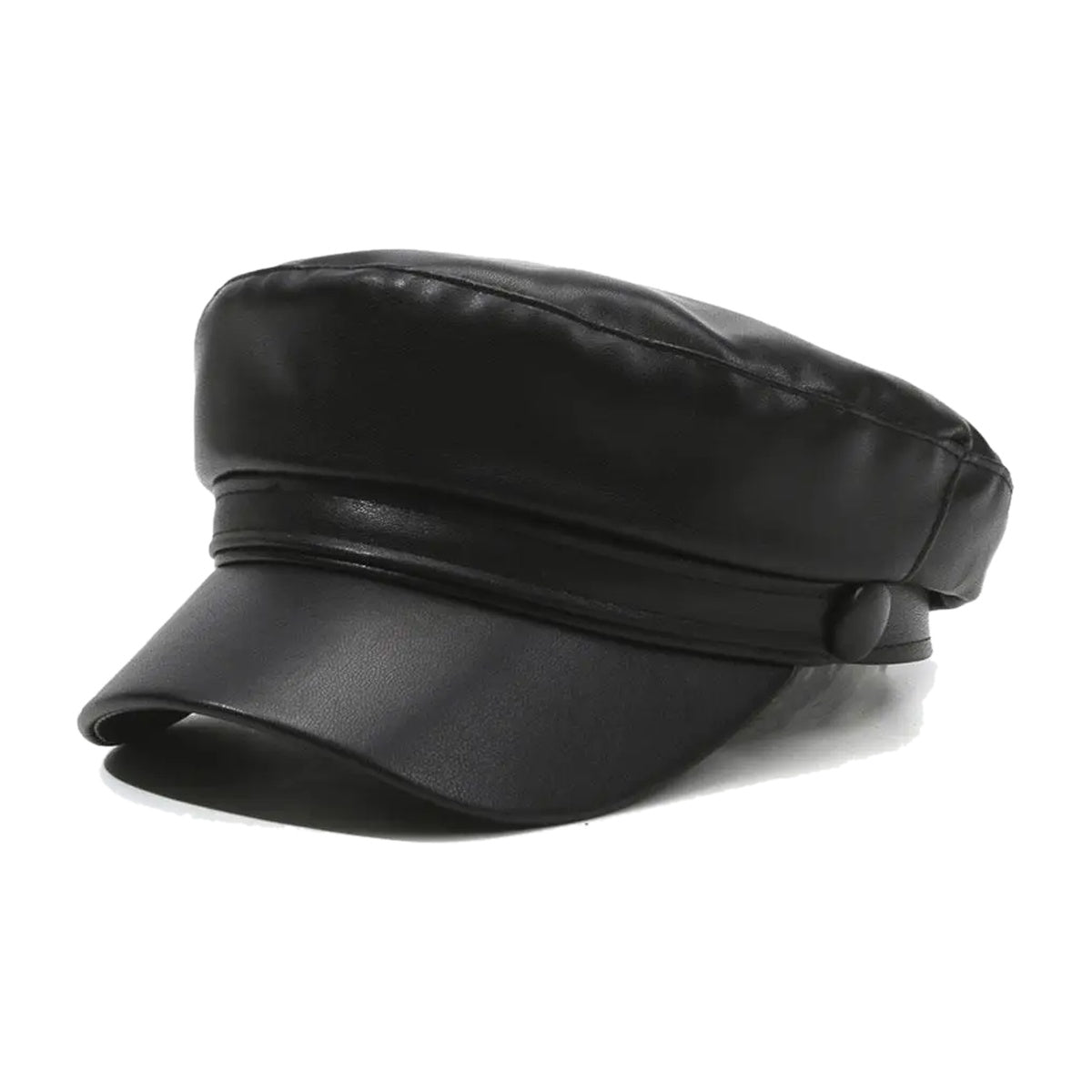 ‘CABBIE’ cap – black faux-leather baker boy cap, button detail