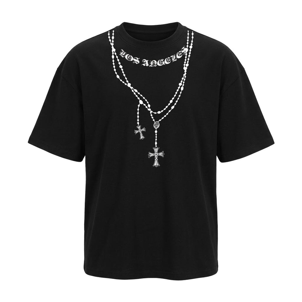 ‘CHAINED’ T-shirt – black T-shirt, rosary chain and cross print, LOS ANGELES lettering