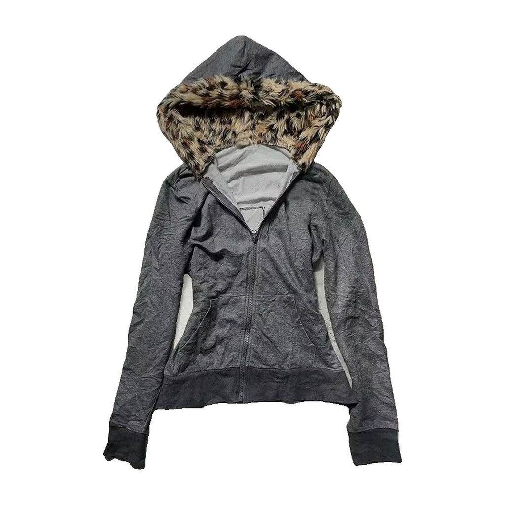 ‘CHEETAH’ zip hoodie – grey zip hoodie, cheetah faux fur on the hood