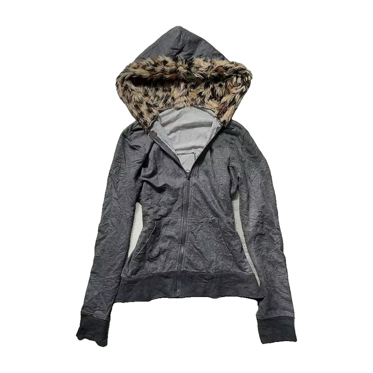 ‘CHEETAH’ zip hoodie – grey zip hoodie, cheetah faux fur on the hood