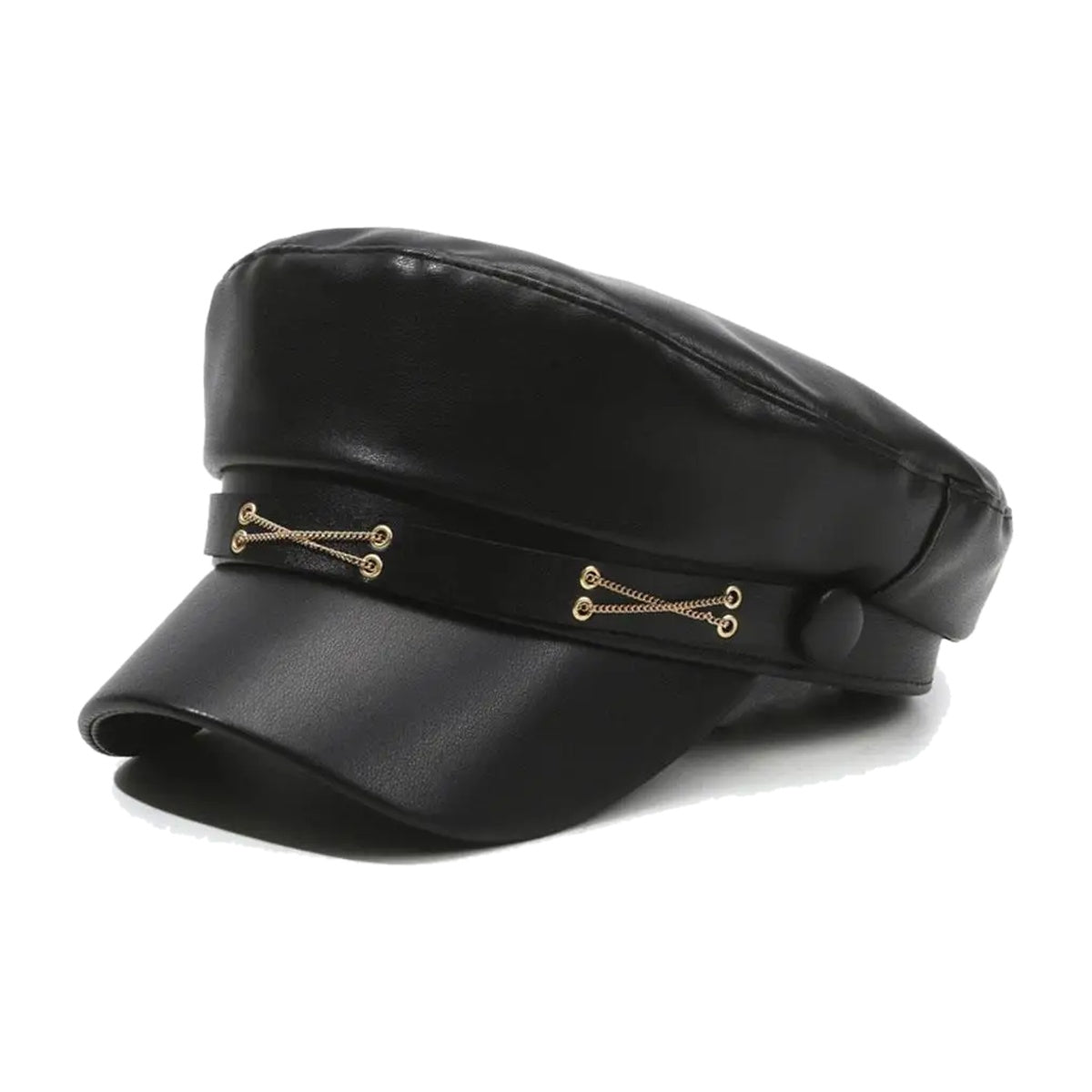 ‘CORSET’ cap – black faux-leather baker boy cap, lace-up band