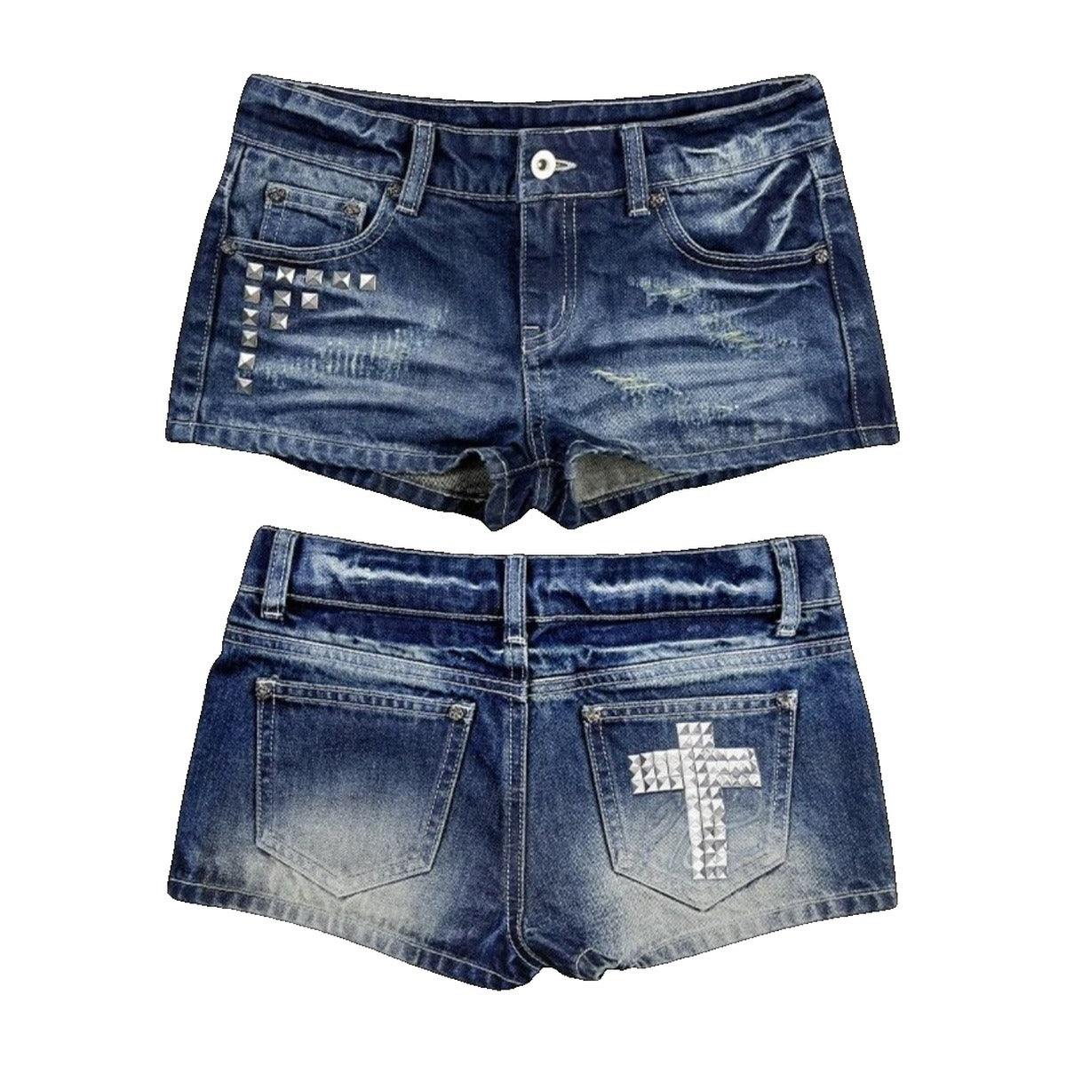 ‘CR0SS’ denim shorts – mid blue denim shorts, low rise, studded cross on the back pocket