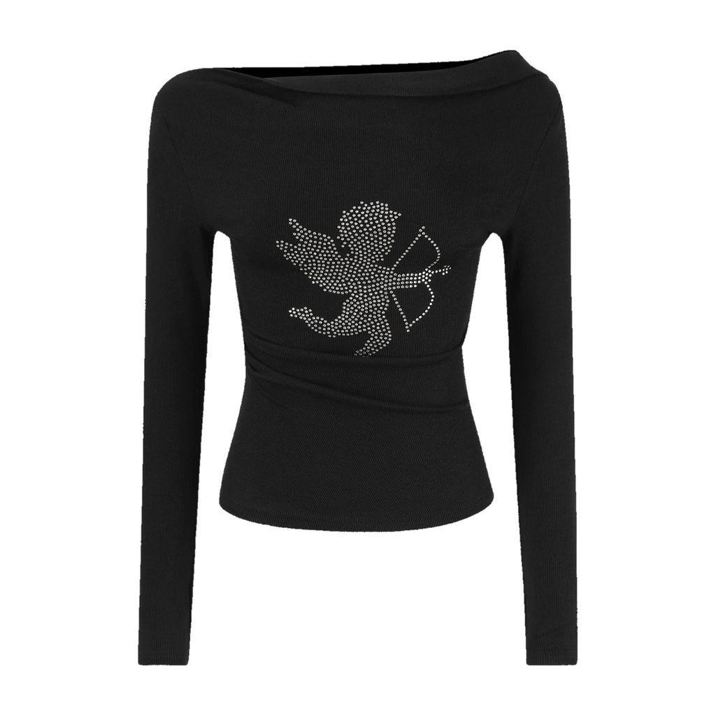 ‘CUPID’ off-shoulder top – black off-shoulder top, rhinestone cupid on the front