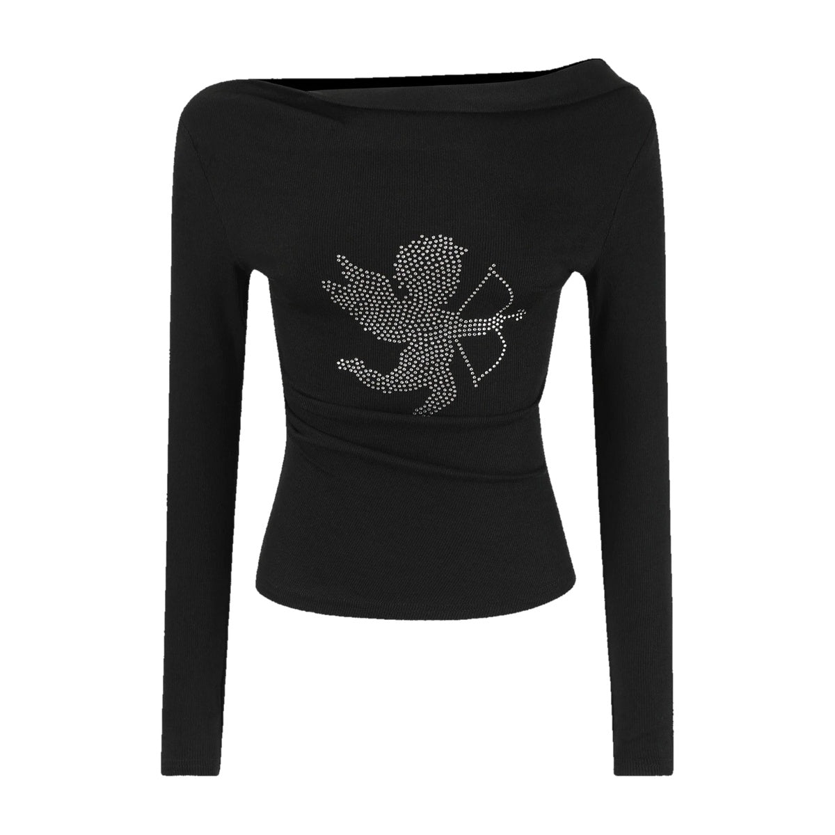 ‘CUPID’ off-shoulder top – black off-shoulder top, rhinestone cupid on the front