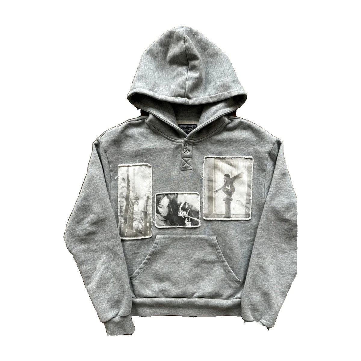 ‘DARKROOM’ hoodie – grey pullover hoodie, black and white photo patches