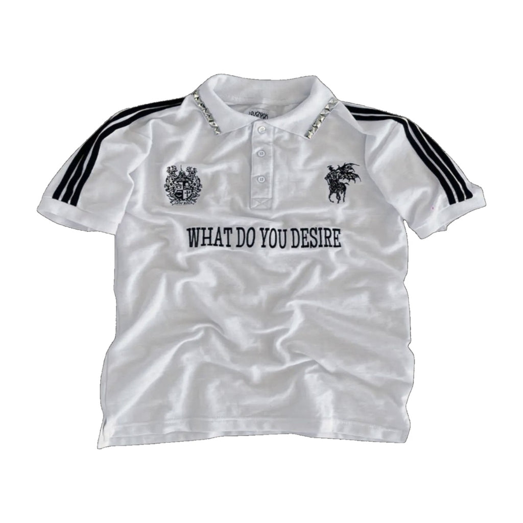 ‘DESIRE’ polo shirt – white polo shirt, black sleeve stripes, crest emblems, WHAT DO YOU DESIRE