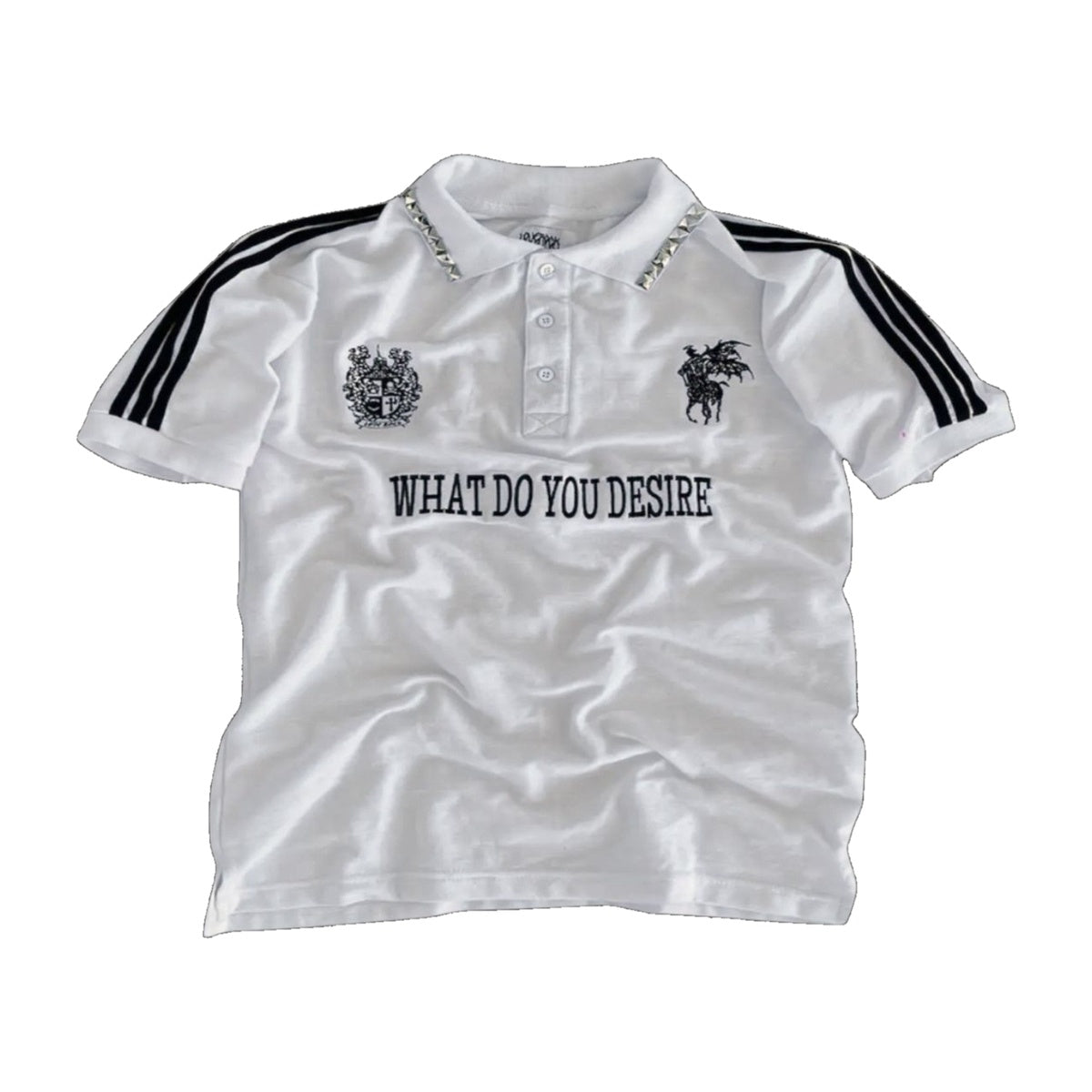 ‘DESIRE’ polo shirt – white polo shirt, black sleeve stripes, crest emblems, WHAT DO YOU DESIRE