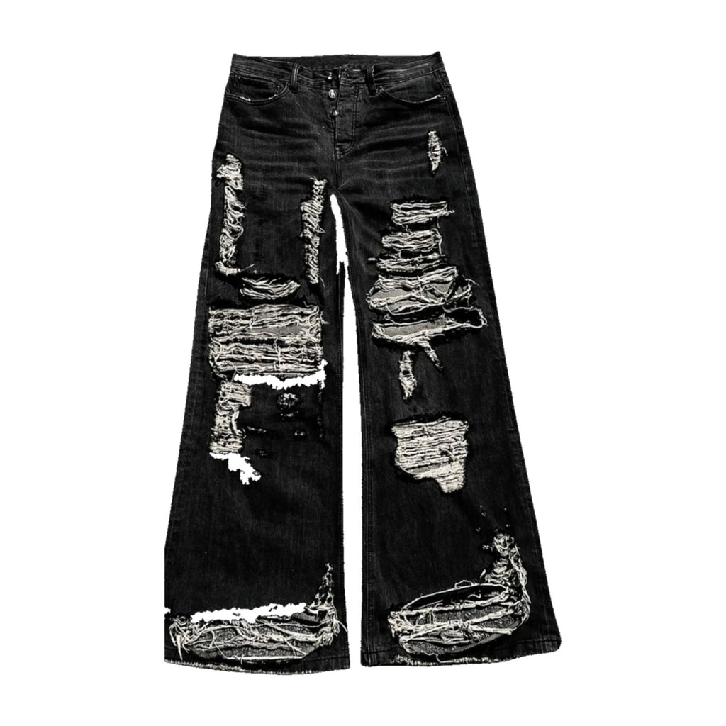 ‘DISTRESX’ wide jeans – black wide jeans, white shredded patches all over