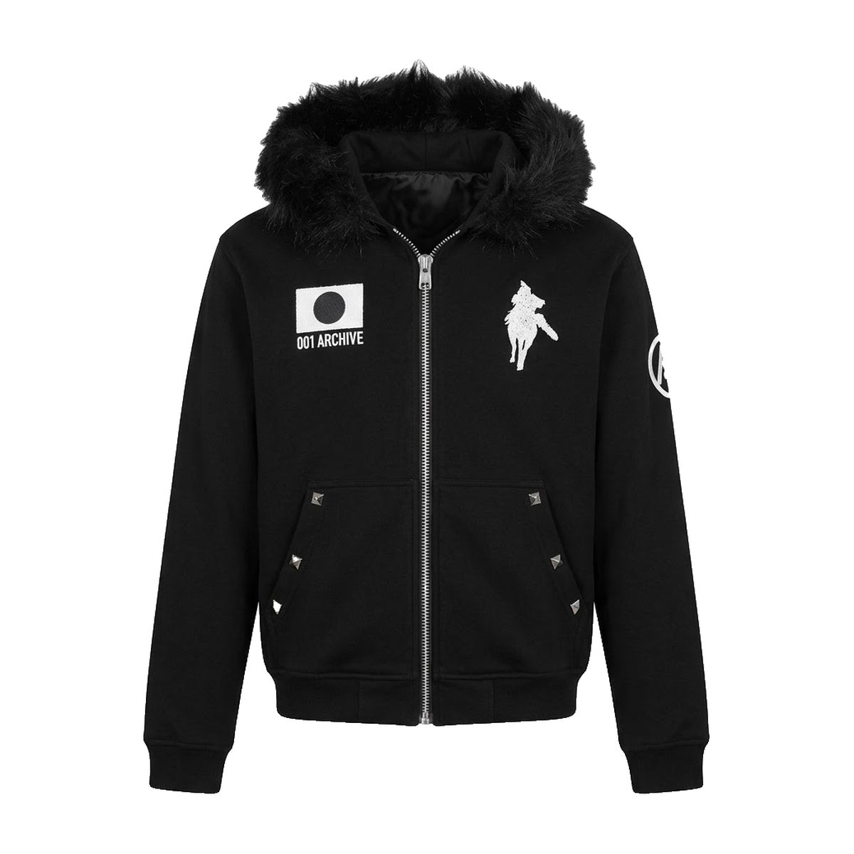‘ECLIPSE’ fur zip up – black zip hoodie, eclipse patch, horse emblem, studded pockets, black faux-fur hood