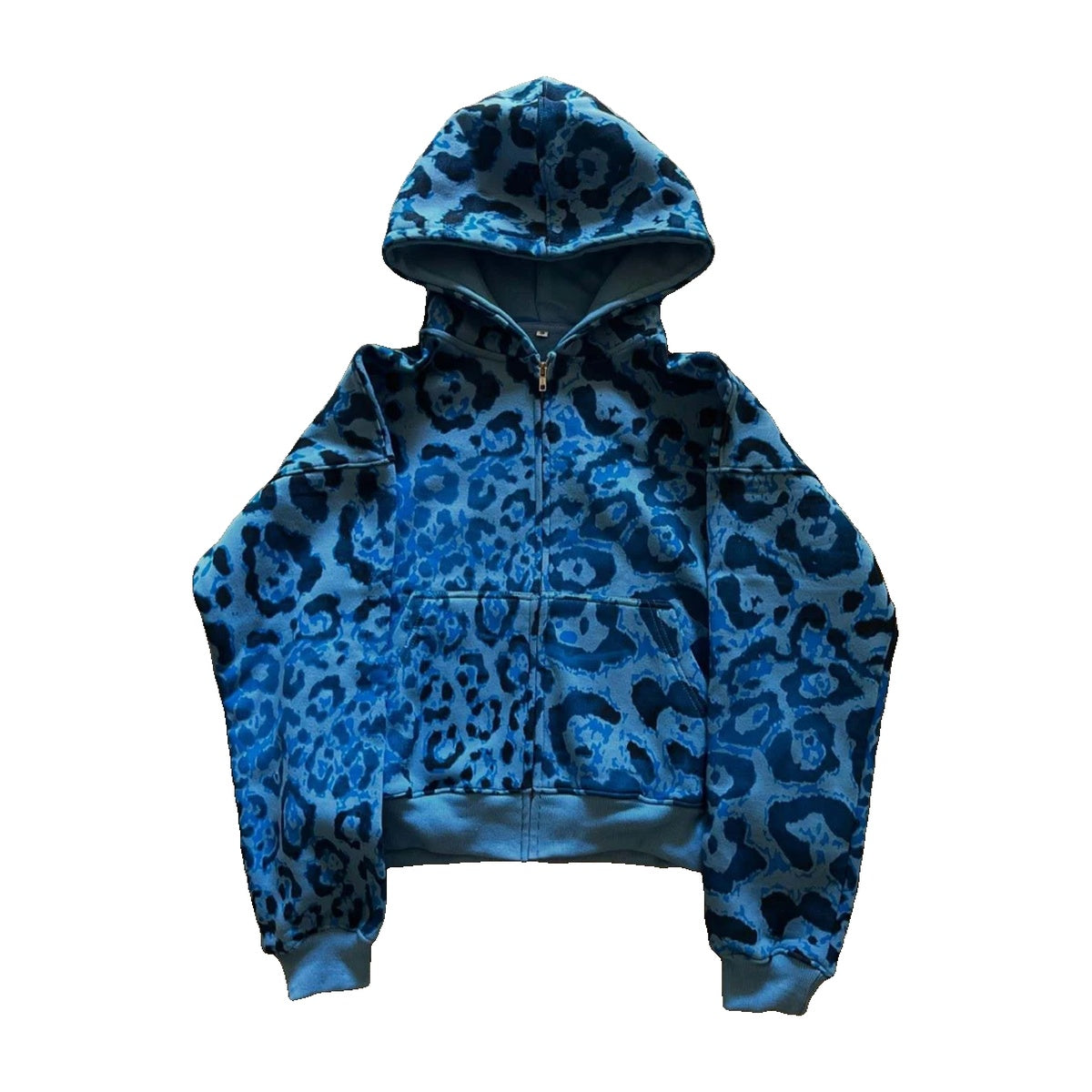 ‘FERAL’ zip up – blue leopard print zip hoodie